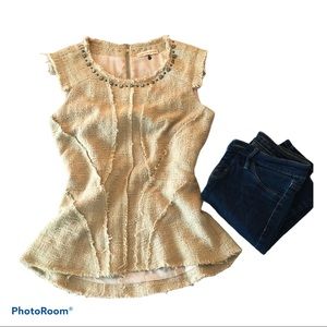 REBECCA TAYLOR tweed studded-neck pencil top